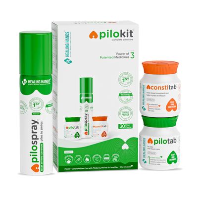 Healing Hands PiloKit Complete Piles Care Kit  30 Days, Kit includes PiloSpray + PiloTab + ConstiTab, Patented Plant Based Piles Solution, Clinically Proven, Herbal & Natural Piles Care