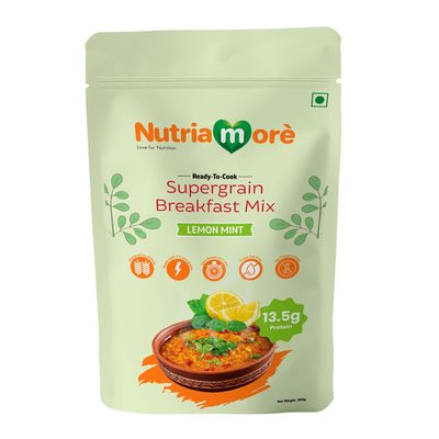 Nutriamore Supergrain Breakfast Mix - Oats, Green Gram, Ragi, Amaranth & Foxtail Millets 200gm | Refreshing Lemon Mint Flavour | High Fiber & Protein | Nutritious Healthy Morning Cereals for Breakfast (Pack of 1 X 200gm)