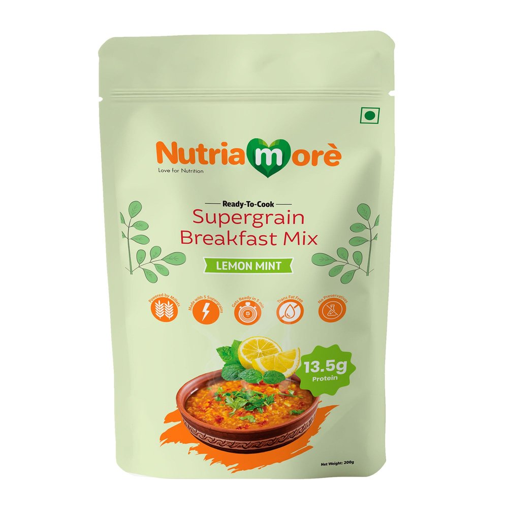 Nutriamore Supergrain Breakfast Mix - Oats, Green Gram, Ragi, Amaranth & Foxtail Millets 200gm | Refreshing Lemon Mint Flavour | High Fiber & Protein | Nutritious Healthy Morning Cereals for Breakfast (Pack of 1 X 200gm)