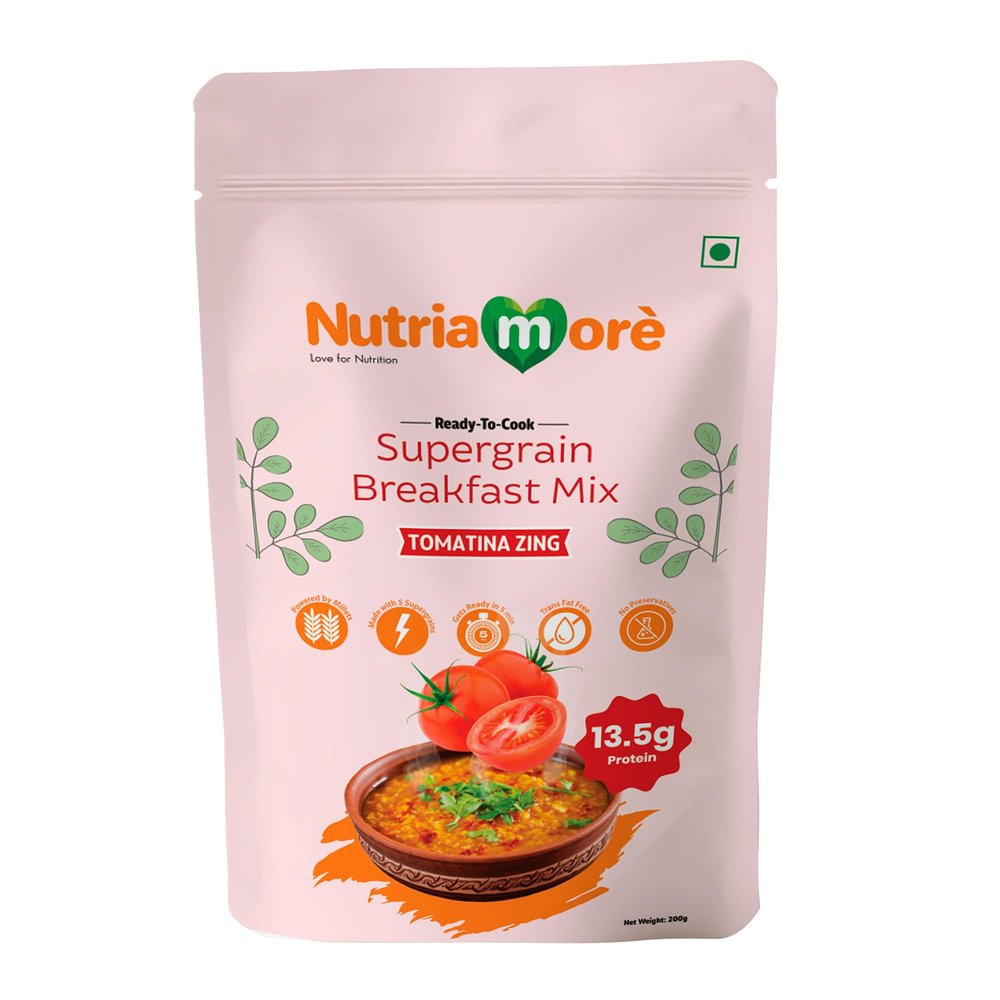 Nutriamore Supergrain Breakfast Mix - Oats, Green Gram, Ragi, Amaranth & Foxtail Millets 200gm | Tomatina Zing (Tomato Flavour) | Nutritious Healthy Morning Cereals for Breakfast | High Fiber & Protein (Pack of 1 X 200gm)