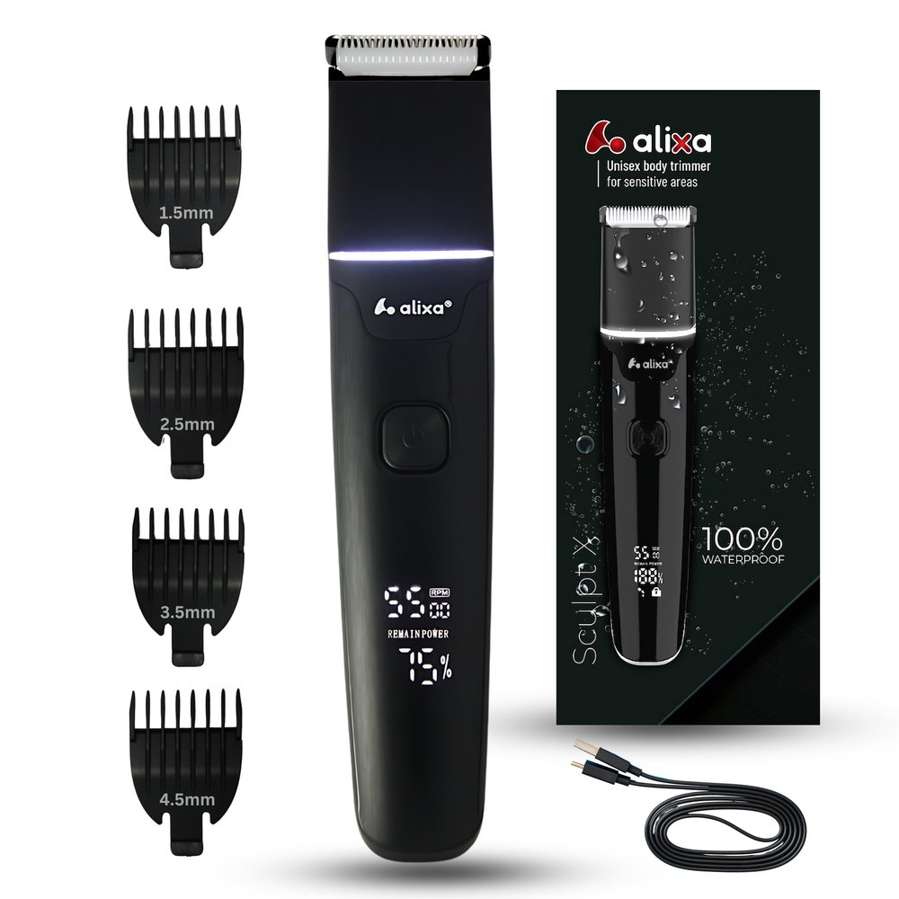 Alixa SCULPT-X | Beard, Body, Pubic Hair | IPX7 100% Waterproof Groomer | 120 min Runtime | 2-Hour Fast Charging | Ceramic Blade | USB Type-C | 4 Length Attachments | Digital Display (Black)