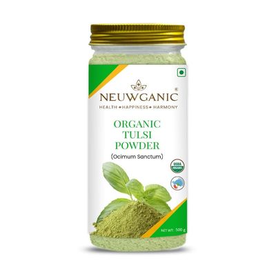 Neuwganic - Organic Tulsi Powder - India Organic and USDA Organic Certified - Holy Basil Powder - Ideal For Making Kadha, Tea & Chutney - 500 Gm