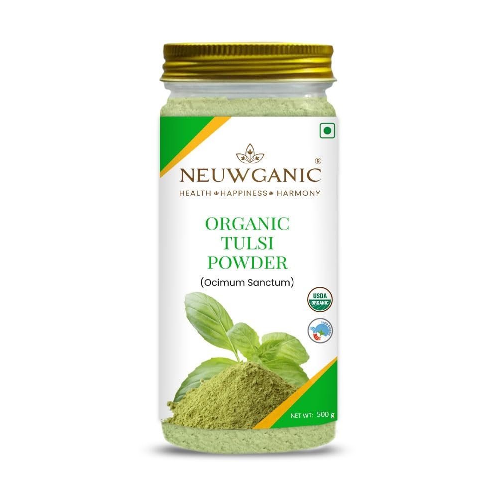 Neuwganic - Organic Tulsi Powder - India Organic and USDA Organic Certified - Holy Basil Powder - Ideal For Making Kadha, Tea & Chutney - 500 Gm
