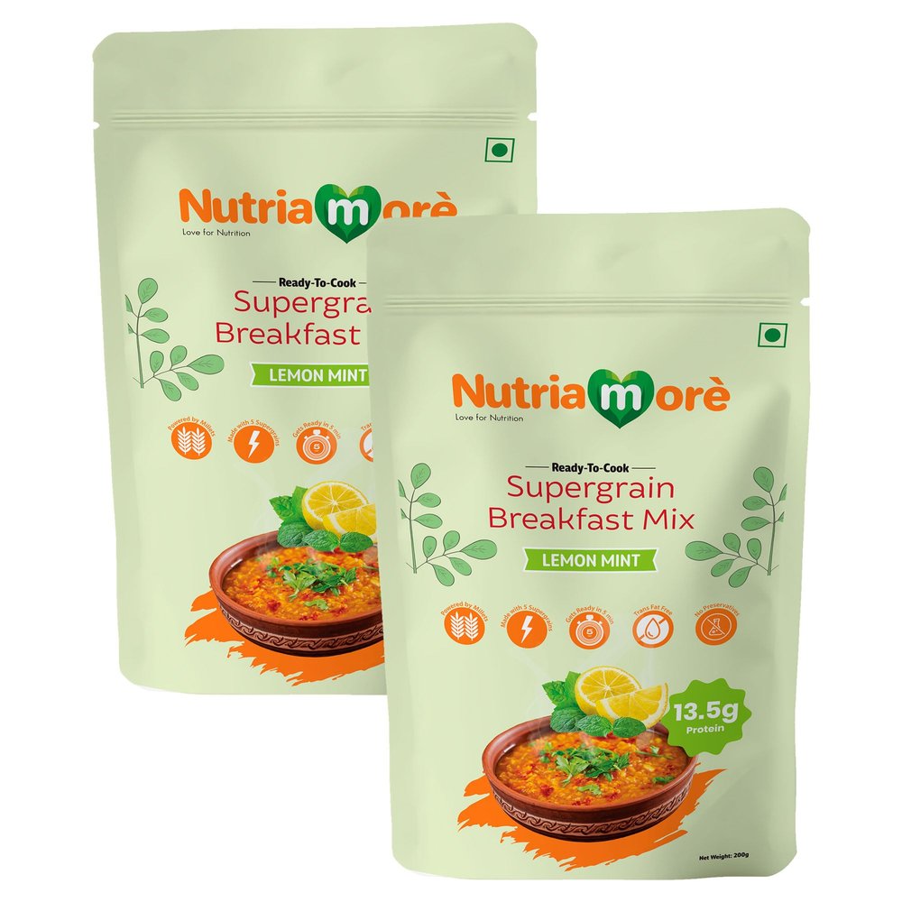 Nutriamore Supergrain Breakfast Mix - Oats, Green Gram, Ragi, Amaranth & Foxtail Millets 400gm | Refreshing Lemon Mint Flavour | High Fiber & Protein | Nutritious Healthy Morning Cereals for Breakfast (Pack of 2 X 200gm)