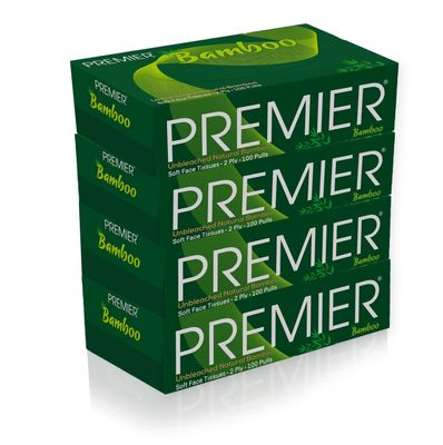 Premier Bamboo Super Soft 2-ply Car Tissue Box| Facial Tissue-100 pulls x 4 Packs (400 Pulls) | 100% Natural & Ecofriendly