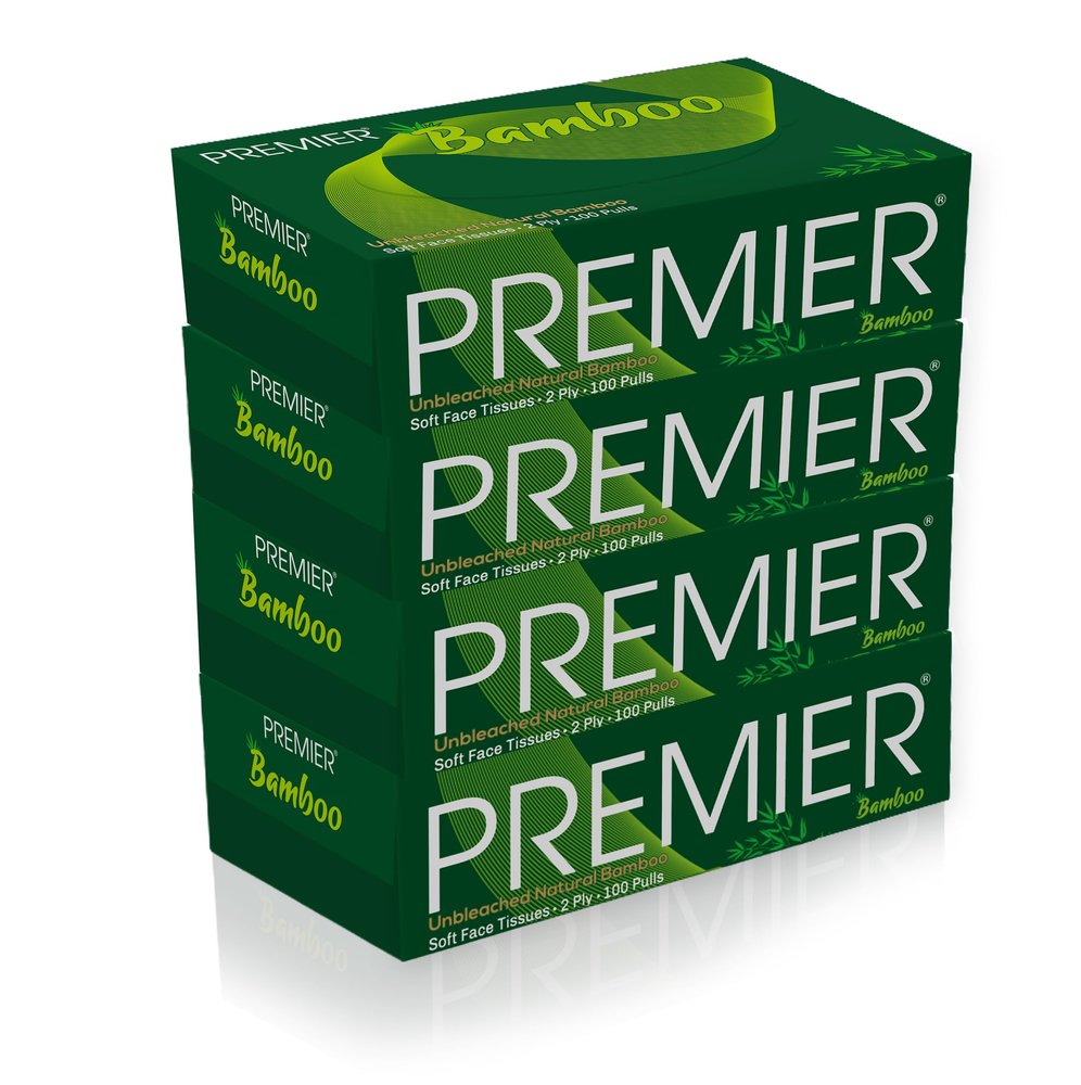 Premier Bamboo Super Soft 2-ply Car Tissue Box| Facial Tissue-100 pulls x 4 Packs (400 Pulls) | 100% Natural & Ecofriendly