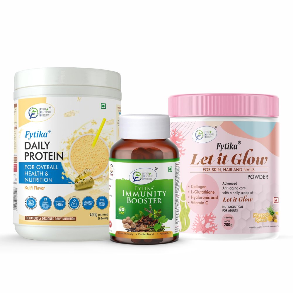 FYTIKA Daily Protein powder Kulfi flavour-400G + Fytika Immunity Booster (Immune system support)-60 Tabs + Fytika Let it Glow Pineapple, Collagen Powder-200G