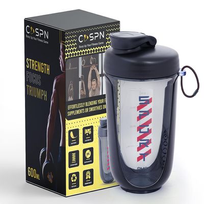 COSPN Shaker Bottles | Premium Protein Shaker Bottle for Gym | Gym Shaker with Leak-Proof Design | 600ml BPA-Free Black