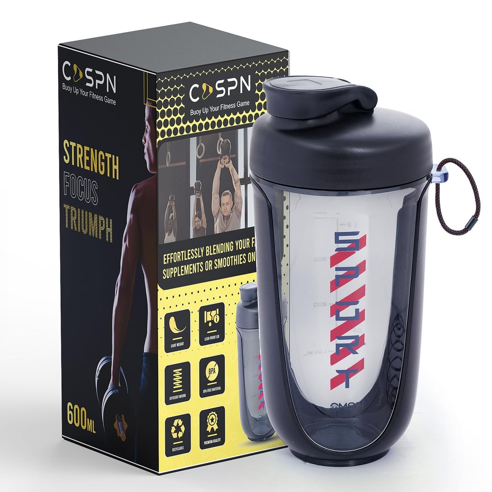 COSPN Shaker Bottles | Premium Protein Shaker Bottle for Gym | Gym Shaker with Leak-Proof Design | 600ml BPA-Free Black