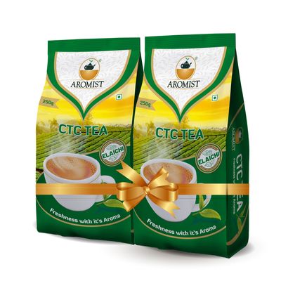 Aromist Elaichi Tea (250 Gm) | Pack of 2 | Strong Chai | Rich Strengh | Crush Cardamom | No Added Flavour | Refreshing | Nicely Blend | All Natural Ingredients | No Preservatives | Selected Gardens of Dooars (250 Gms Each) | Pack Of 2 | Total (500 Gr