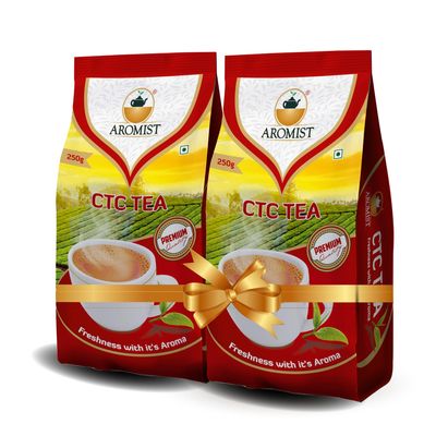 Aromist Premium CTC Tea (250 Gm) | Pack of 4 | Rich Strength and Strong Chai | Added Leaf | Refreshing | Perfectly blend | All Natural Ingredients | No Preservatives | Selected Gardens of Dooars (250 Gms Each) | Pack Of 2 | Total (500 Gram)