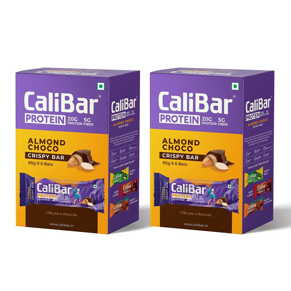 CaliBar 20g Protein Bar - Almond Choco Crispy Bar No added Sugar, Gluten-Free, 5g Fiber, No Preservatives, Delicious Taste & 100% Veg Whey & Plant Based Protein (12 Bar)