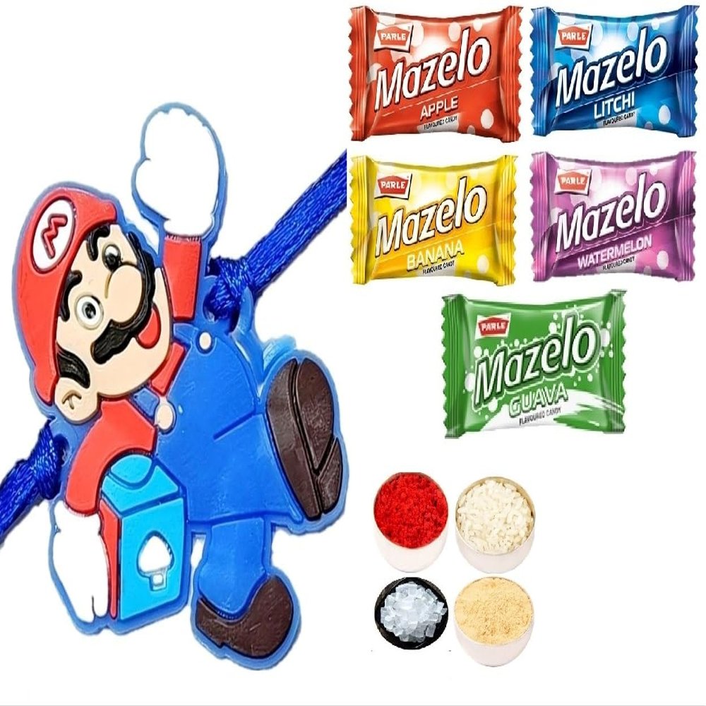 1 Rakhi for Kids Mario, 5 Parle Mazelo Fruit Candy Sweet, Tikka with Personal Message & Roli Chandan Chawal Mishri Pack for Bhai Bhaiya Brother Gift
