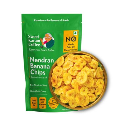 Sweet Karam Coffee Nendran Banana Chips 200 grams | Made with 100% Coconut Oil | No Preservatives | Kerala Special Crispy, Thin Sliced Yellow Plantain Wafers | Healthy Tea Time Snack