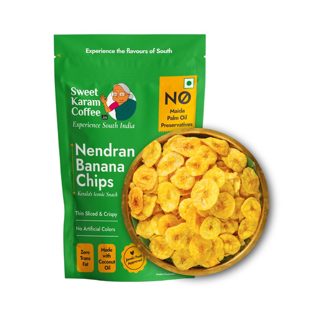 Sweet Karam Coffee Nendran Banana Chips 200 grams | Made with 100% Coconut Oil | No Preservatives | Kerala Special Crispy, Thin Sliced Yellow Plantain Wafers | Healthy Tea Time Snack