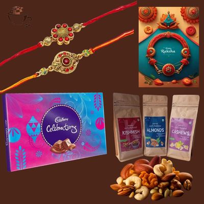 Berry India Rakhi Gift for Brother | Combo Gift 6 Items | Dry Fruits, Healthy Snacks, Gift Hamper, Pack of Nuts and Dry fruits, Nut Mix, Cashew, Almond, Raisins, Card, Roli Chawal Tilak Set