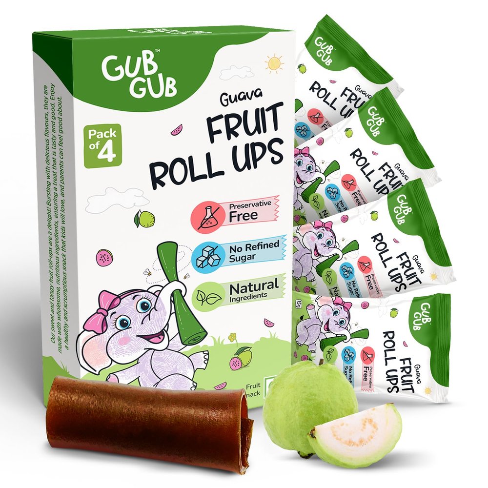 GubGub Kids Fruit Roll Ups | Pack of 4 x 15g | Organic Baby Snacks 12+ Months | Natural, No Preservatives | Healthy Guava & Mixed Fruit Flavours