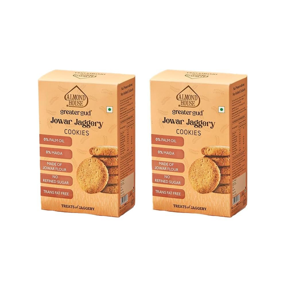 Almond House Cookies | No Maida, No Processed Sugar | Gluten Free | Millet Cookies | Healthy Snack | 100% Vegetarian | Perfect For Gifting | Ready To Eat | Pack of 2-100gm Each (Jowar Jaggery Cookies)
