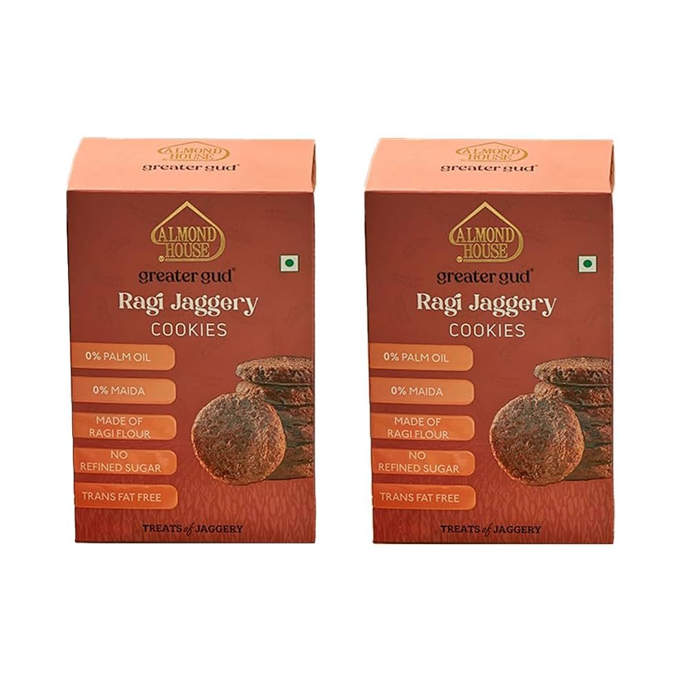 Almond House Cookies | No Maida, No Processed Sugar | Gluten Free | Millet Cookies | Healthy Snack | 100% Vegetarian | Perfect For Gifting | Ready To Eat | Pack of 2-100gm Each (Ragi Jaggery Cookies)