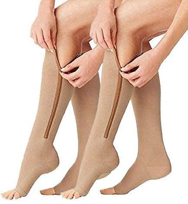 Galaitik Zipper Medical Compression Socks Stockings with Open Toe Calf Support Best Stocking for Edema, Swollen, Nurses, Pregnancy, Recovery Leg Knee High Sports Length, Better Blood Circulation