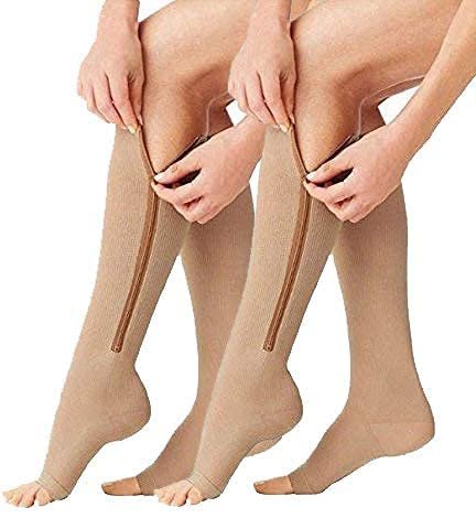 Galaitik Zipper Medical Compression Socks Stockings with Open Toe Calf Support Best Stocking for Edema, Swollen, Nurses, Pregnancy, Recovery Leg Knee High Sports Length, Better Blood Circulation