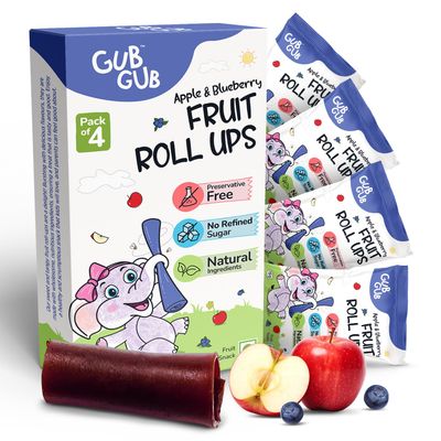 GubGub Kids Fruit Roll Ups Snacks Multipack | 4 Flavours | 4 x 15g | Organic & Natural Baby Snacks | Healthy Toddler Food | Apple & Blueberry