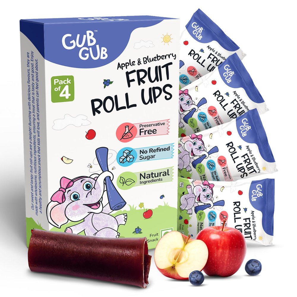 GubGub Kids Fruit Roll Ups Snacks Multipack | 4 Flavours | 4 x 15g | Organic & Natural Baby Snacks | Healthy Toddler Food | Apple & Blueberry