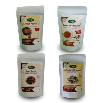 Agara Pure Veg Curry Masalas Combo Pack (Sambar, Pepper Rasam, Garam Masala, Kulambu Chilli Masala) - Healthy - Homemade - No Preservatives - Unique Taste - Product of Agara Foods, Kanyakumari