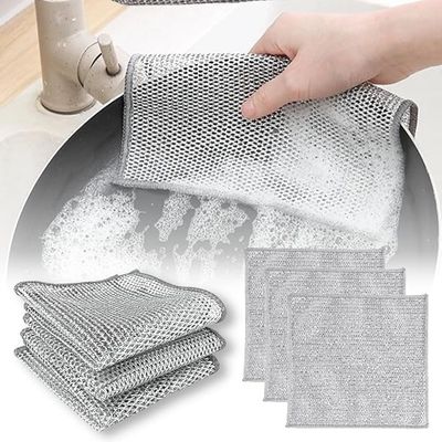 FEXMY Multipurpose Wire Dishwashing Rags for Wet and Dry - Stainless Steel Scrubber, Non-Scratch Wire Dishcloth for Washing Dishes, Sinks, Counters - Easy Rinsing, Machine Washable (5)