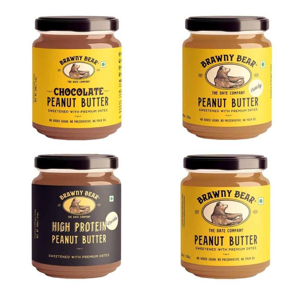 Brawny Bear Peanut Butter Flavored Combo - Crunchy + High Protein + Classic + Chocolate Peanut Butter, Creamy, Healthy, Natural Sweetened with Dates, No Added Sugar, Vegan, Pack of 4, 800g (200g each)