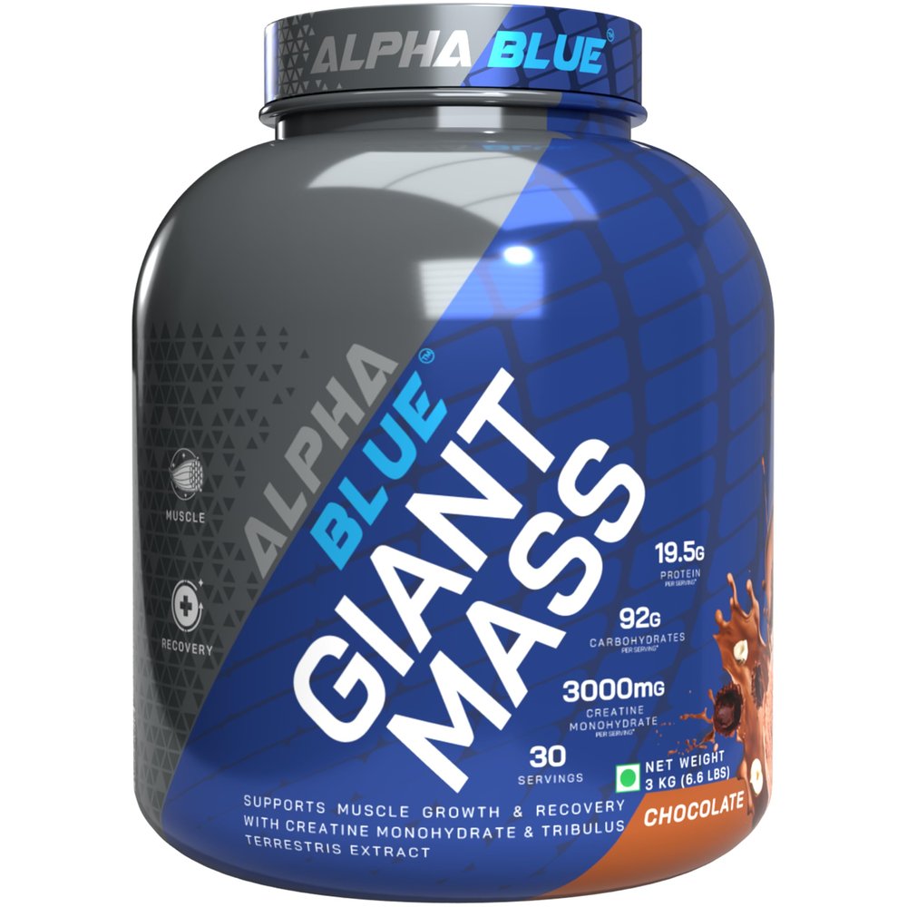 ALPHABLUE Giant Mass - Advanced Muscle Building Formula with Protein-Carbohydrate Blend, Creatine, Tribulus Terrestris - Enhances Muscle Growth & Recovery| CHOCOLATE | 3 KGS |
