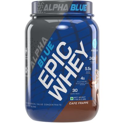 ALPHABLUE Epic Whey Protein | Caf Frappe | 1 KG | Whey with Glutamine & BCAAs | Muscle Growth, Recovery & Strength | Fast Absorption | Ideal for Athletes & Fitness Enthusiasts