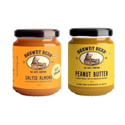 Brawny Bear Peanut Butter & Almond Butter (Salted) Combo, 100% Natural Sweetened with Dates, Healthy, No Added Sugar & Preservative, No Palm Oil, Pack of 2-400 gm (200g each)