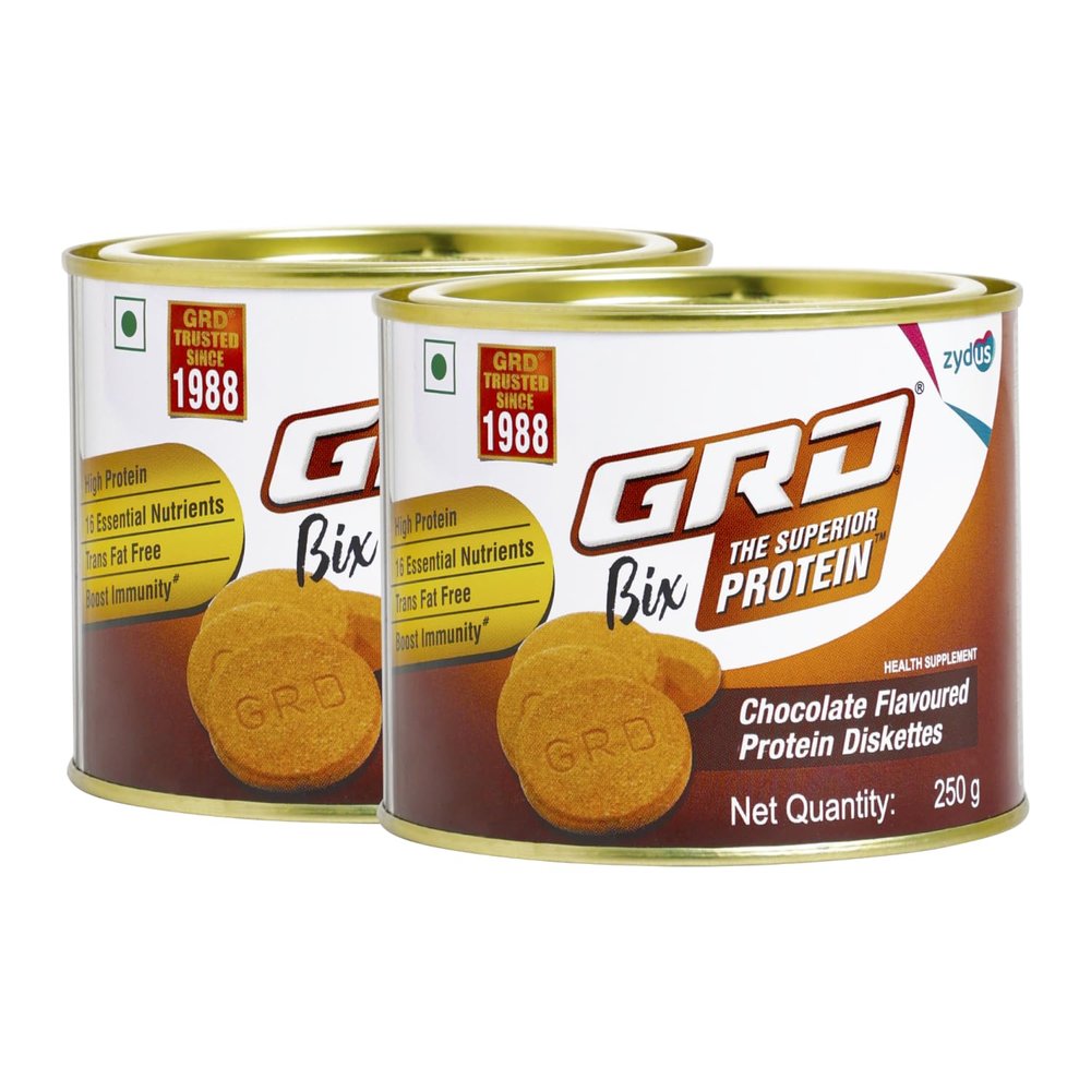 GRD Bix Superior Protein Diskettes,Healthy Tasty Biscuits Enriched With Protein And 18 Essential Nutrients For Healthy Living Chocolate Flavour (Pack Of 2),250 Gram