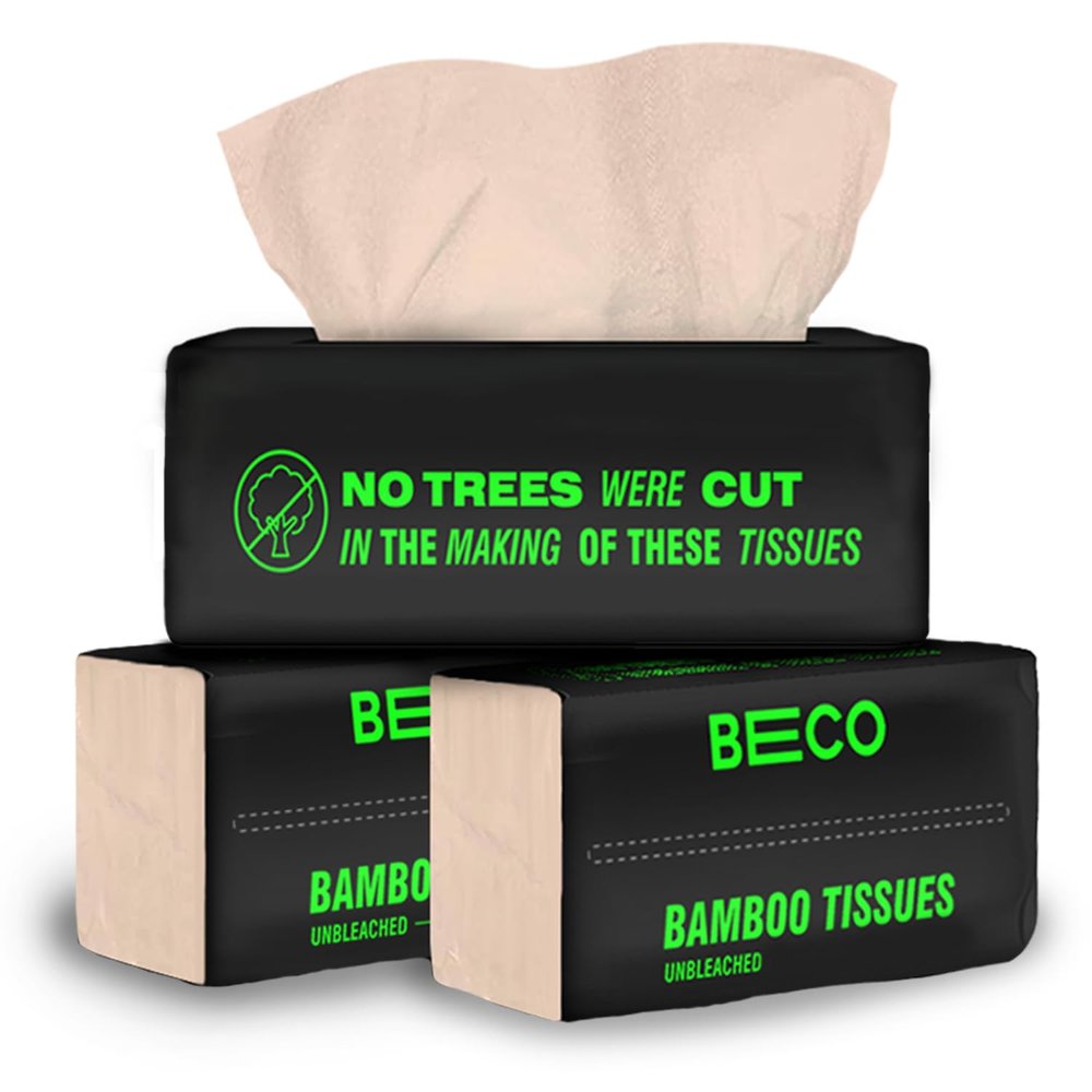 Beco Bamboo Facial Tissue Paper Box-Soft Pack | 200 pulls x 3 packs | Super Soft, Skin Friendly & Highly Absorbent Face Tissue Napkins | Car Tissues | 100% Natural & Ecofriendly | 2 ply-600 Pulls