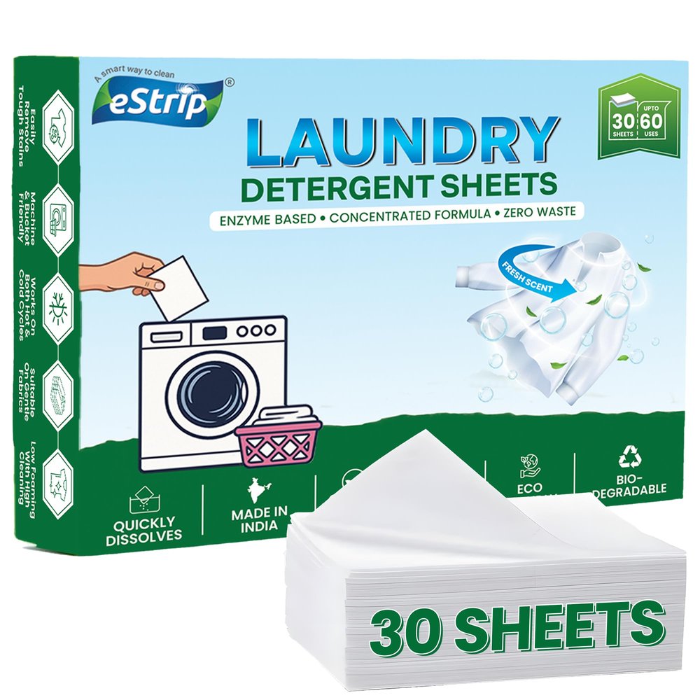 eStrip Laundry Detergent Sheets 30 Sheets for 60 Washes | Plant-Based, Biodegradable & Eco-Friendly | Enzyme Based Formula | 1 Sheet = 2 Washes | Removes Tough Stains | Easy, Mess-Free Cleaning