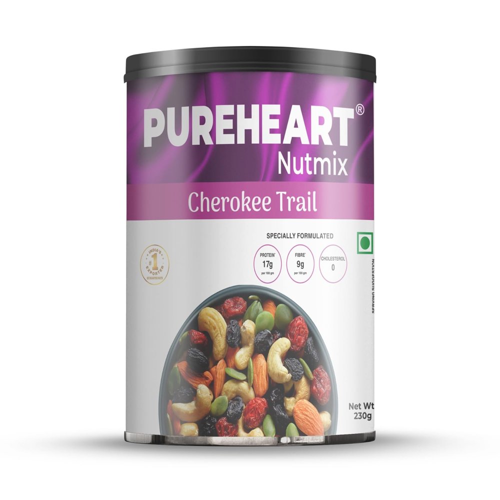 Pureheart Cherokee Premium Trail Mix | An Eclectic Mix of 8 Healthy Superfoods Nuts- Cashews, Almonds, Pistachio | Dry Fruits - Cranberries, Raisins | Seeds - Pumpkin, Sunflower | Reusable Jar (230gm)
