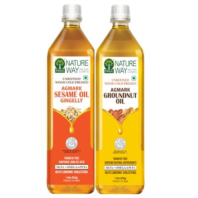 Natureway unrefined Agmark Grade -1 Wood Cold Pressed Til ,Sesame, Gingelly OIL 1 L + Groundnut ,Peanut oil 1 l Pack Of -2 | Kolhu / Kacchi Ghani/Ganuga /Chekku / Zero Transfat Free / Helps for Lower Cholesterol / Natural Antioxidants | Chemical - Pr