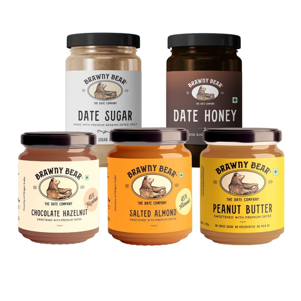 Brawny Bear Trial Pack - 5 bestsellers - Peanut Butter, Date Sugar, Hazelnut Spread, Almond Butter, Date Syrup - 100% Natural, Sweetened with Dates, No Added Sugar | Pack of 5-485gm