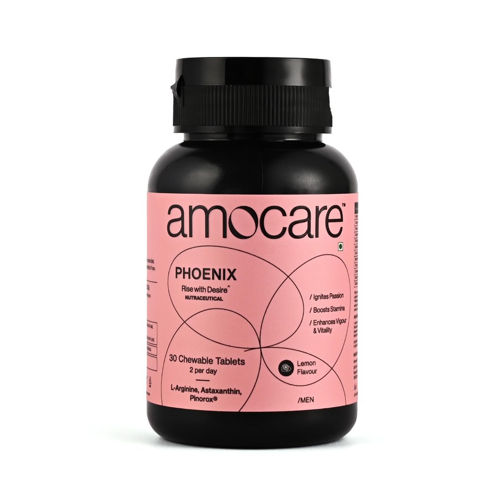 Amocare Chewable Tablets for Men | L-Arginine, Astaxanthin, Pine Bark Extract | Boosts Stamina | Enhances Vigour | Improves Vitality | Lemon Flavour | 100% Veg (30 Tablets)