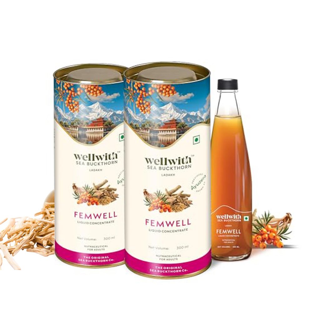 Wellwith by Ayuzera FemWin ( Femwell ) with Sea Buckthorn Berry Pulp Juice 300 ml | Ayurvedic Supplement for Women | Shatavari | Antioxidants & Vitamins | Regulates Menstrual Health & Hormonal Balance (Pack Of 2)