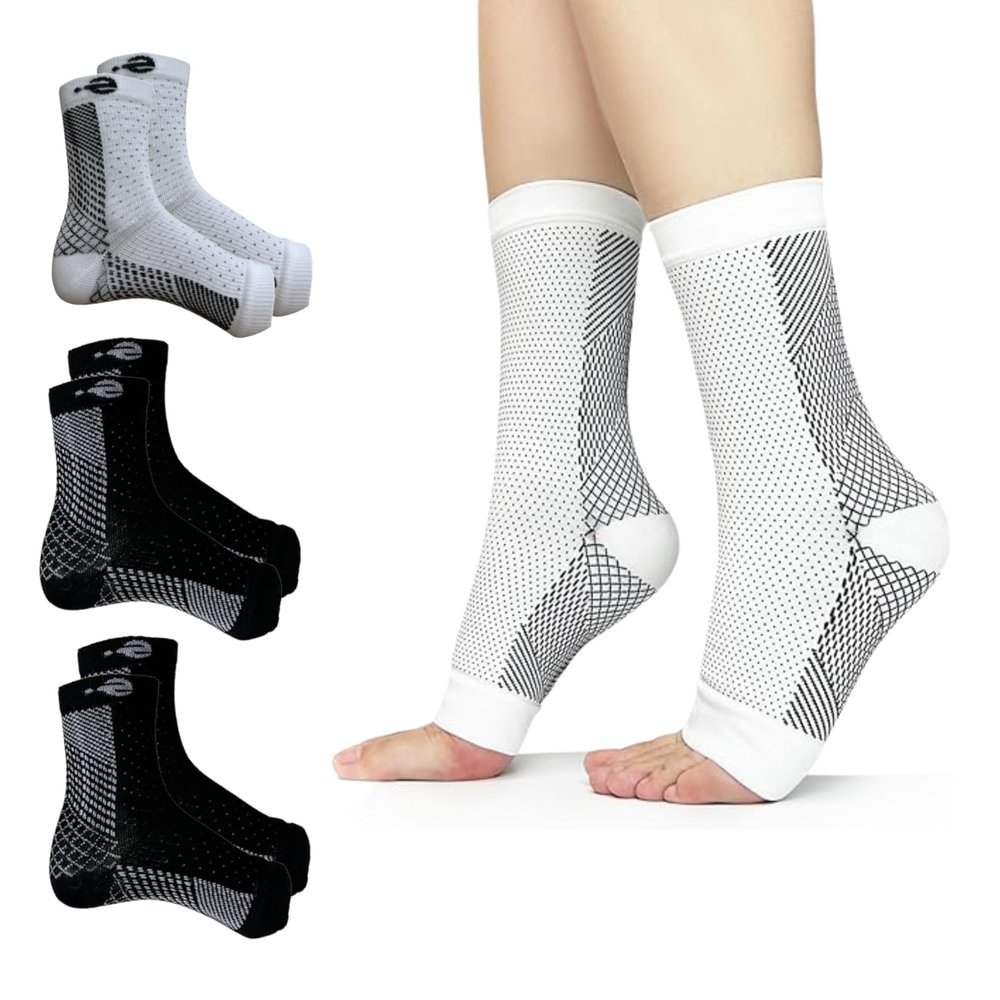 Ecosync Ortho Bamboo Neuropathy Socks Combo Pack of 3, White/Black/White - Cooling Compression for Women, Nano for Men & Women, Pain Relief, Anti-Bacterial, Seamless, Moisture Wicking.