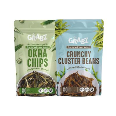 GRABZ - Clusterbean Chips And Okra Chips | Gluten-Free & Low GI | Air-cooked | 20g of Each (Pack of 2)