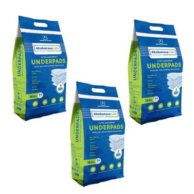 Akshatava Life Super Premium underpads (90*60cm) Large Size | Pack of 3 | Stick Tuckable Underpads | Adult Unisex underpads | Disposable | 5 Layers high Absorption Protection | 10 Pcs/Pack Pack of 3