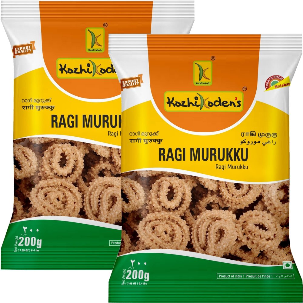 KOZHIKODEN'S Ragi Murukku 400g (2x200g) | Made with Pure Finger Millet | Crispy & Fresh Chakli | Perfect Tea Time Snack | Traditional South Indian Snack