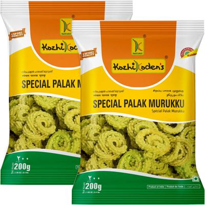 KOZHIKODEN'S Palak Murukku | Crispy Spinach Chakli | 400g (Pack of 2 x 200g) | Tea Time Snack | Crunchy Rice Snack with Lentils & Spices | Traditional Kerala Murukku