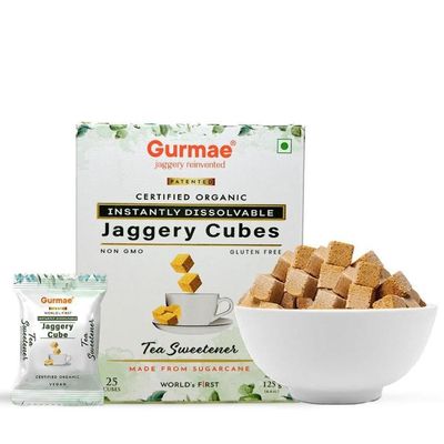 Gurmae Organic Instantly Dissolvable Jaggery Cubes Pure Gur/Gud Tea Sweetener, Healthy Sugar Substitute, 100% Organic and Travel-Friendly (Pack of 25 Cubes)