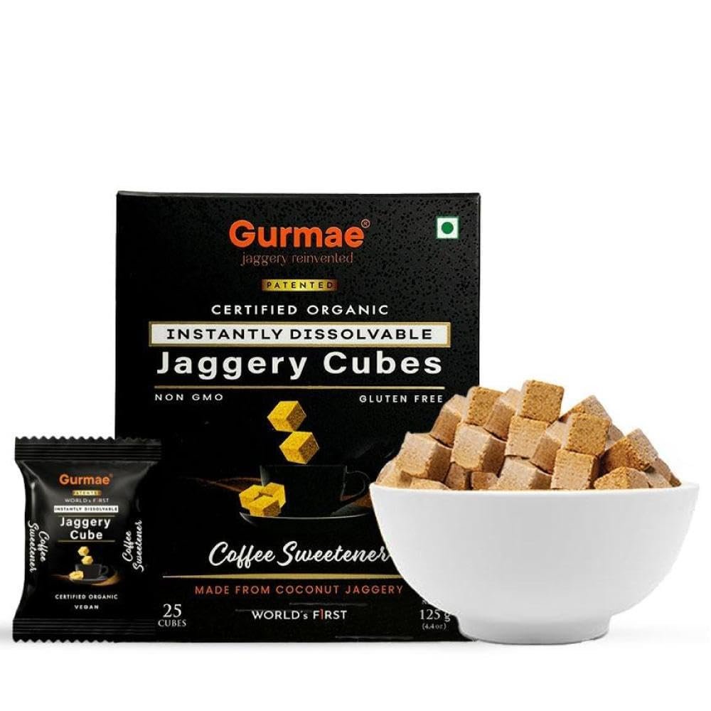 Gurmae Organic Instantly Dissolvable Jaggery Cubes Coffee Sweetener Gur/Gud Healthy Sugar Subsitute 100% Organic Travel Friendly Pure and Natural (25 Cubes)