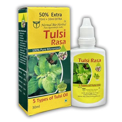 NIRMAL TULSI RASA A premium Panch Tulsi Drops. Boosts immunity, promotes respiratory health, and Digestive health. Fully natural, no additives, perfect for daily wellness.