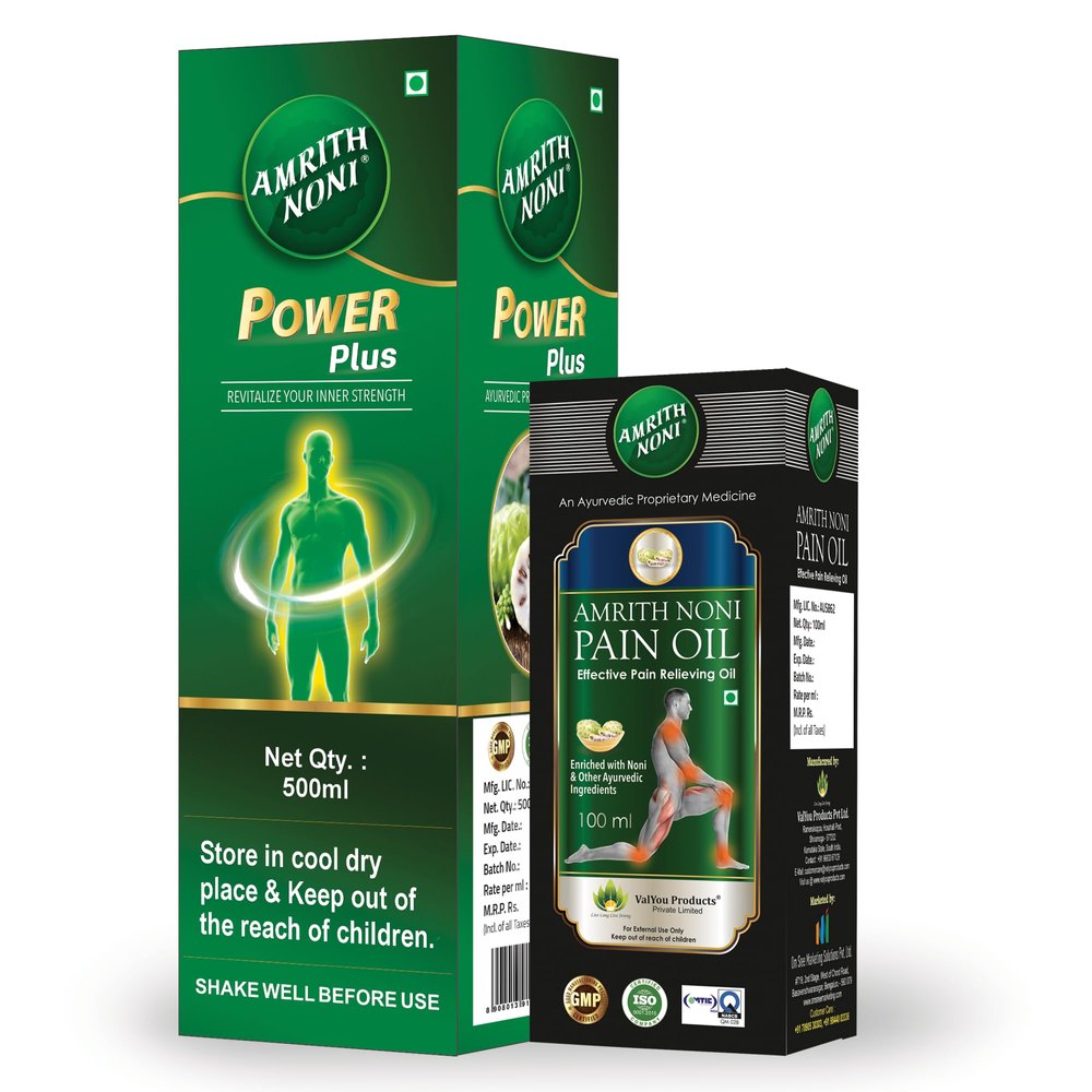 Amrith Noni Power Plus 500ml + Pain Oil 100ml - Organic Noni Fruit Juice for Strengthening Immunity & Natural Relief from Back, Joint, Knee, Muscle, Neck, Wrist, Ankle, and Elbow Pain